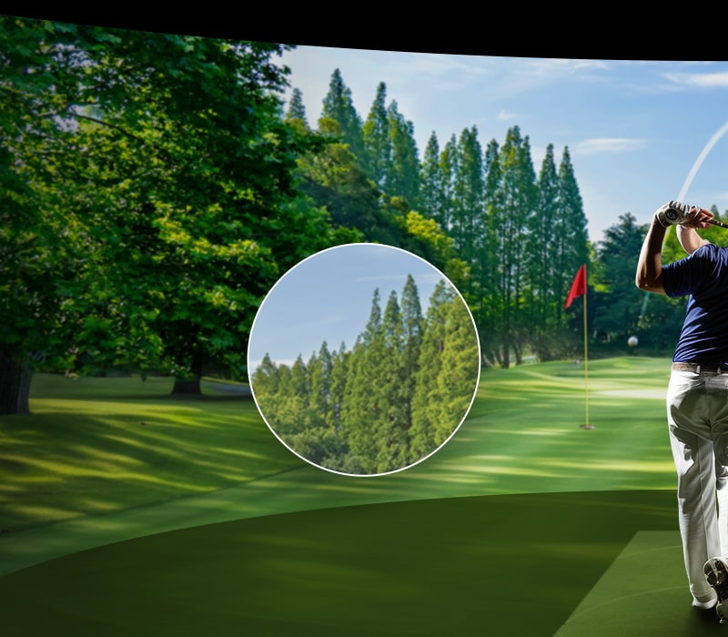 A golf course scene with a zoomed-in section of trees, appearing less detailed and slightly dull, representing a lower resolution.	