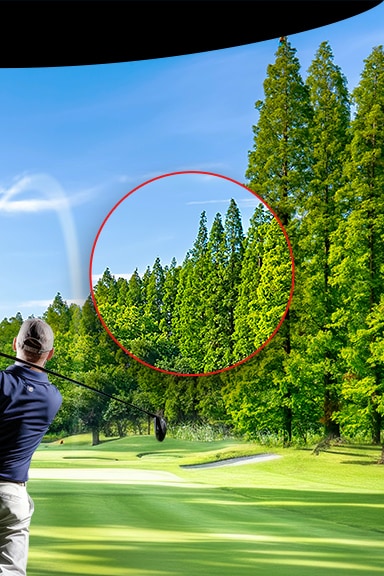 A vivid golf course scene with a zoomed-in section of trees, showing sharp details and bright greens, demonstrating LG ProBeam’s 4K clarity.	