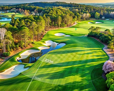 There is a stunning aerial view of a golf course with sand bunkers, water features, and distances marked as 150m and 200m.