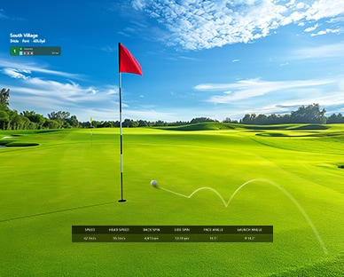 A red flag is on a sunny green golf course, with speed and spin stats displayed for a virtual golf game.	