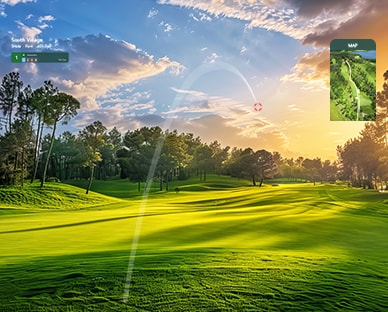 A virtual golf ball is in mid-flight with a stunning sunset on a green golf course and an overhead course map displayed.	