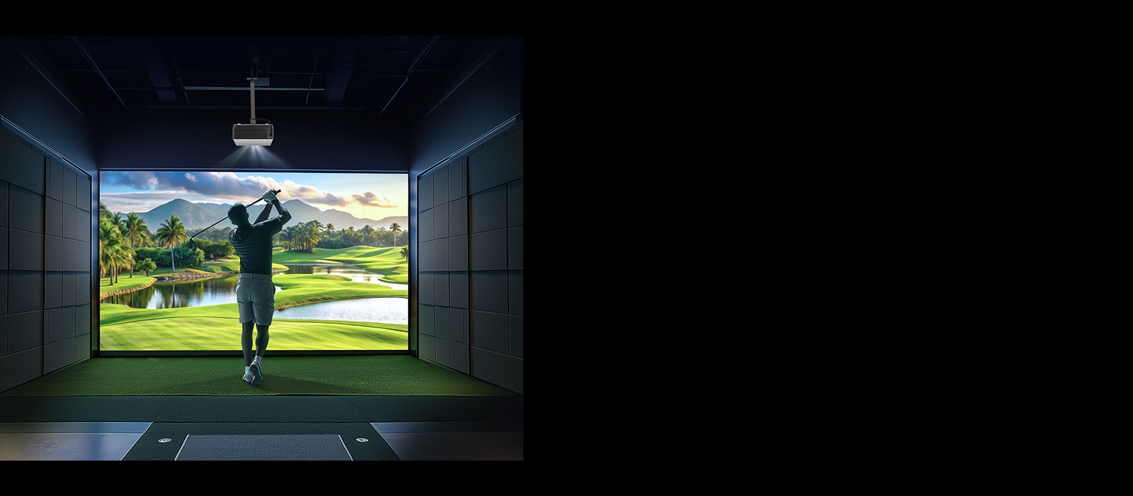 A golfer swinging in a golf clubhouse with a screen displayed using an LG projector.	