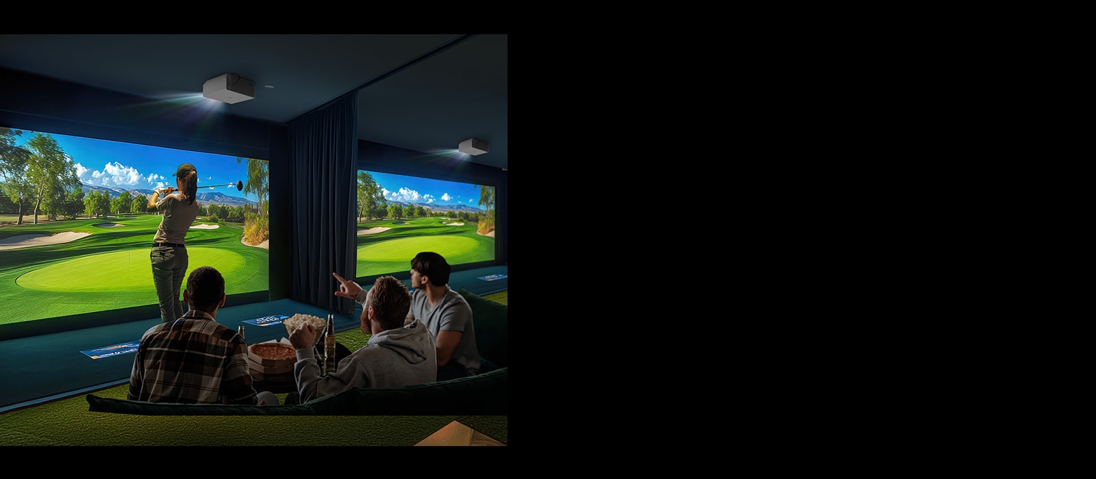 People watch a golfer practicing on a golf simulator with bright, vivid visuals displayed by LG ProBeam projectors.	
