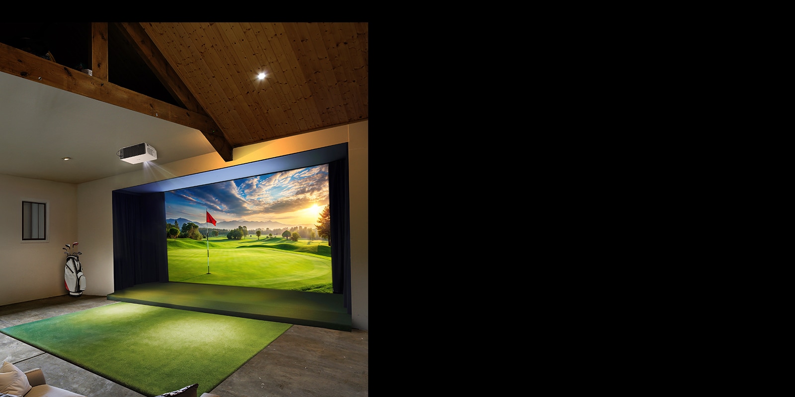 A residential space with an LG ProBeam projector displaying a scenic golf course at sunset.	