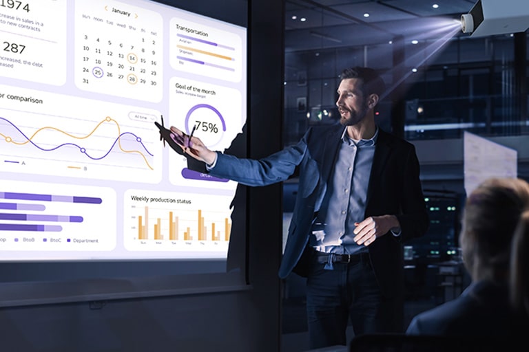 A professional presenter in a conference room explains data visualizations projected by an LG ProBeam projector.	