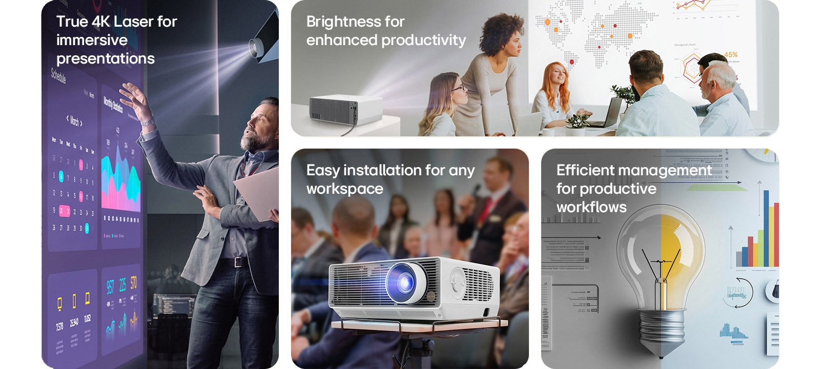 A collage showcasing LG ProBeam features: 4K laser projection for presentations, brightness for productivity, easy installation, and efficient workflow management.	