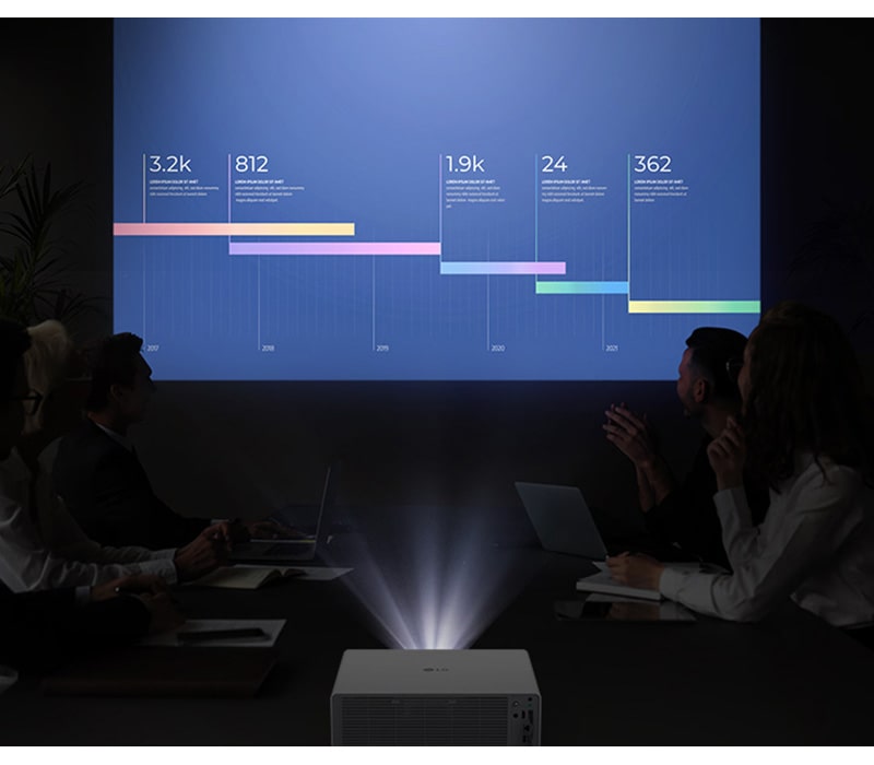 Five people are having a meeting in a dark room, viewing a vibrant display with the LG ProBeam projector.	