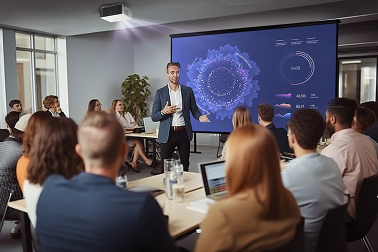 A medium-sized conference room with a presenter explaining a data visualization displayed on a large screen, surrounded by attentive attendees seated at tables.	