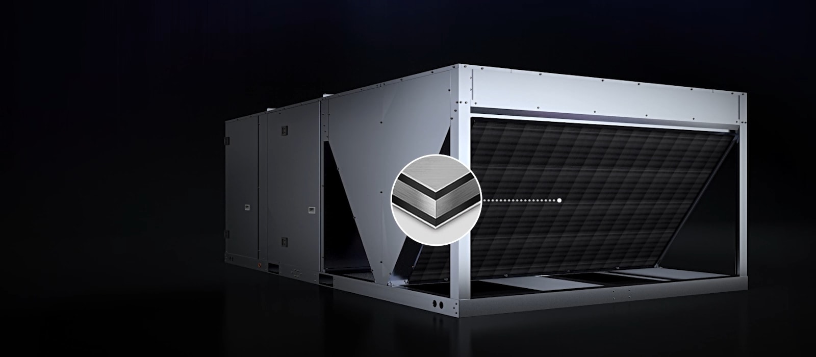 The perspective view of the LG inverter single package highlights its black fin technology with a zoomed-in layout.