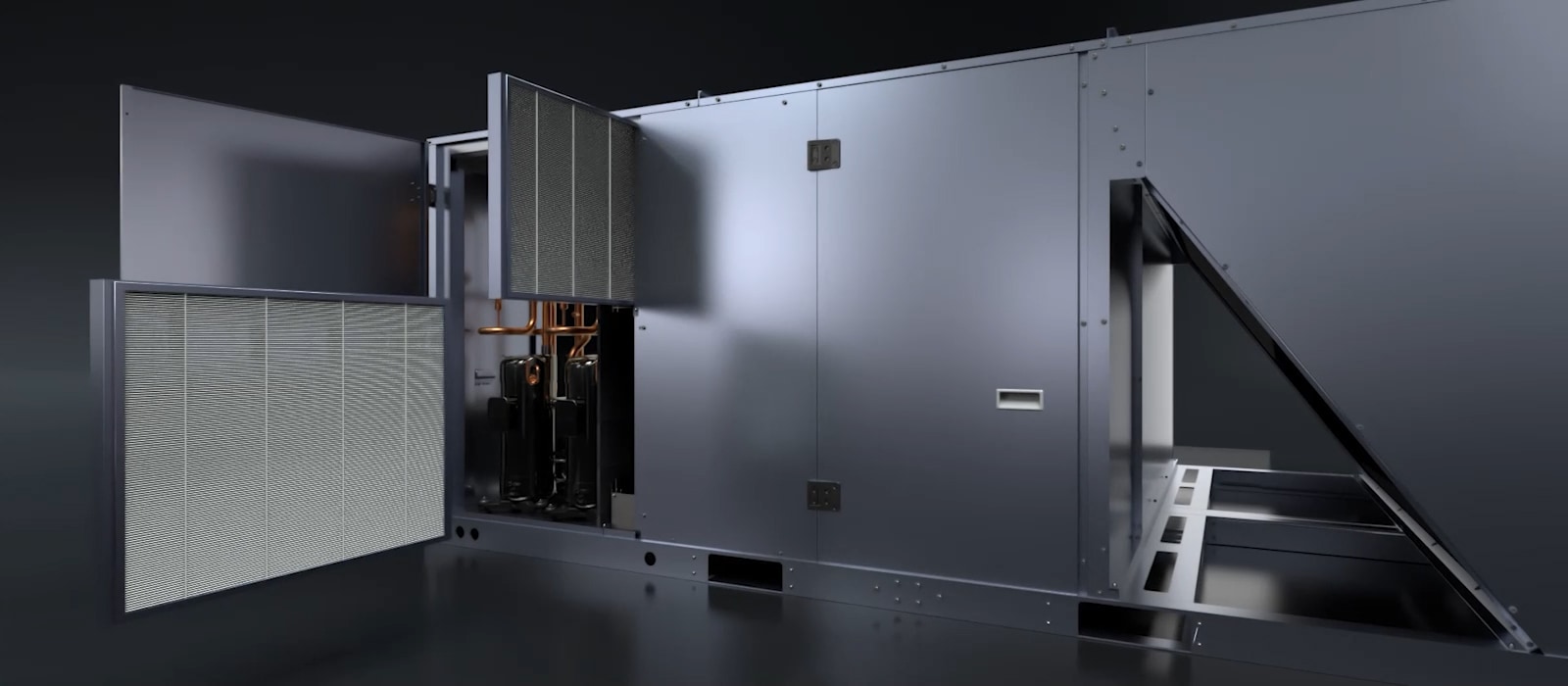 The panel of the LG inverter single package opens, revealing hinged doors and a water-cleanable slide-in filter.