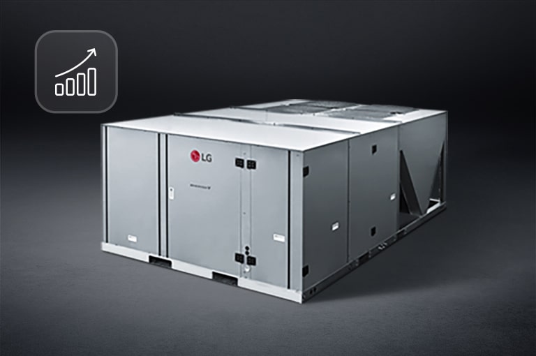 LG Inverter Single Package unit with a gray metal exterior and a upward arrow icon representing increased efficiency.