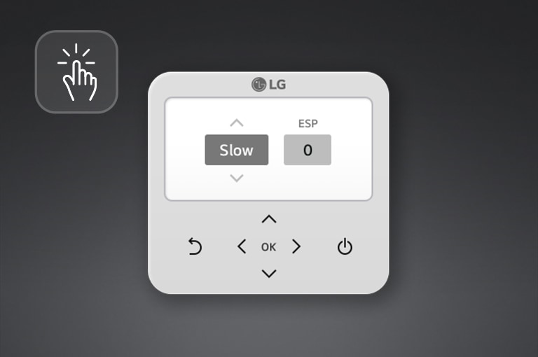 LG remote control with a touch icon, arrows, and buttons for "Slow" and "ESP." The screen displays "Slow" and "0."
