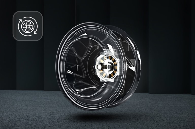 Transparent view of Direct Drive Fan Motor with a circular arrow icon showing rotation, set against a black background.