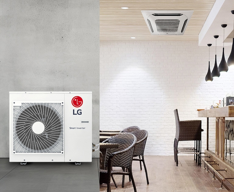 LG outdoor unit on the left; right side shows indoor space with various LG indoor units transitioning in sequence.