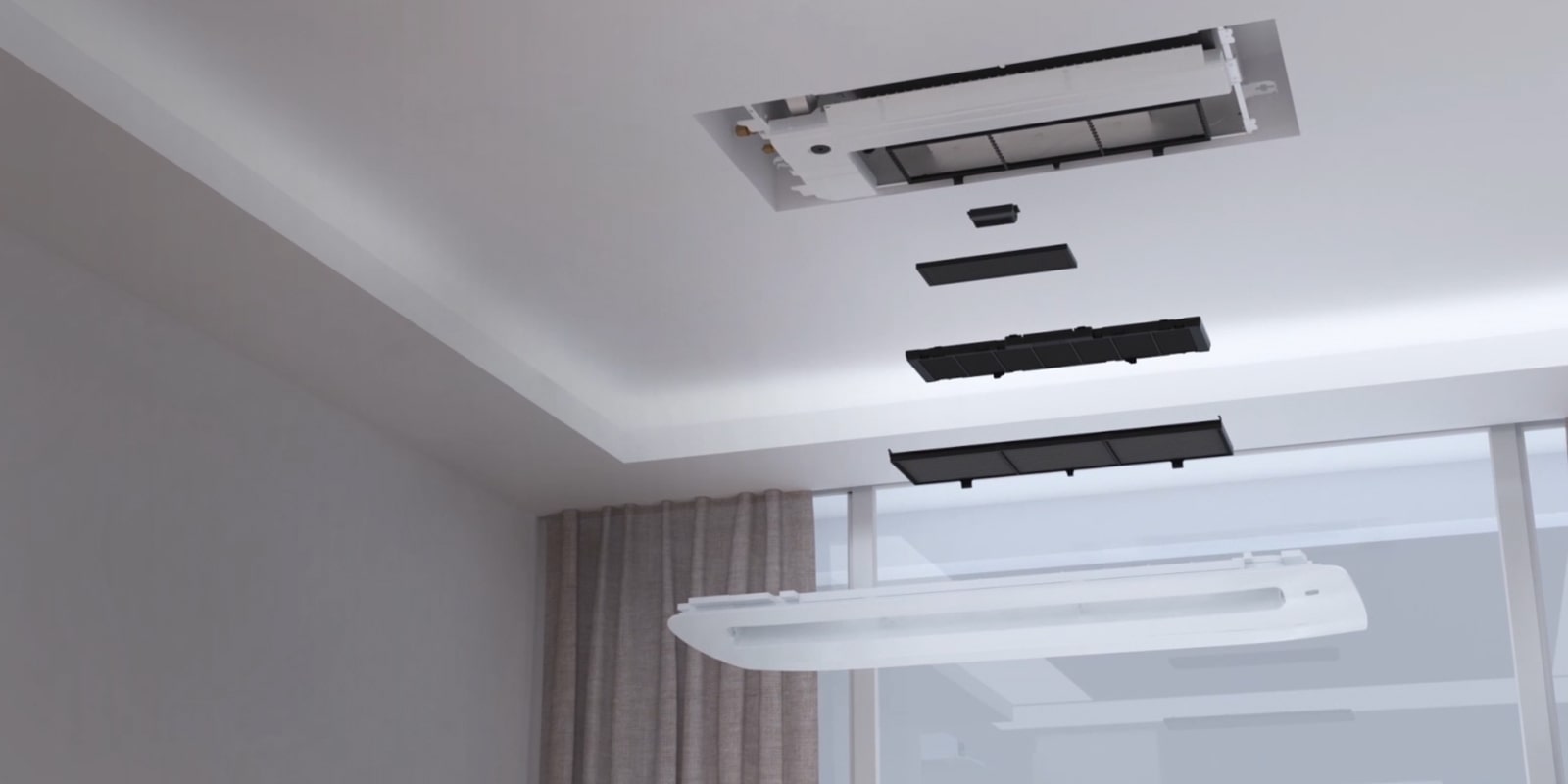 The LG One Way Ceiling Cassette processes a visible airflow, shifting from green to red, through its five-step purification system.