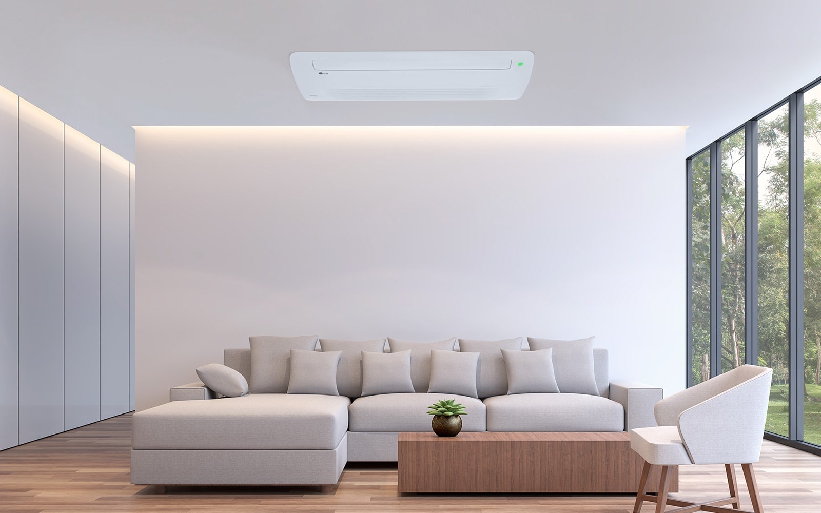 The ceiling-mounted LG One Way Ceiling Cassette is dispersing a visible green airflow from its front duct into the living room area.
