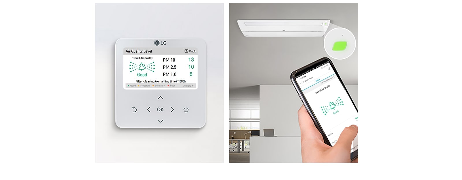 The left half image shows LG's control unit displaying air quality, while the right half shows a person operating a ceiling unit via LG ThinQ. 