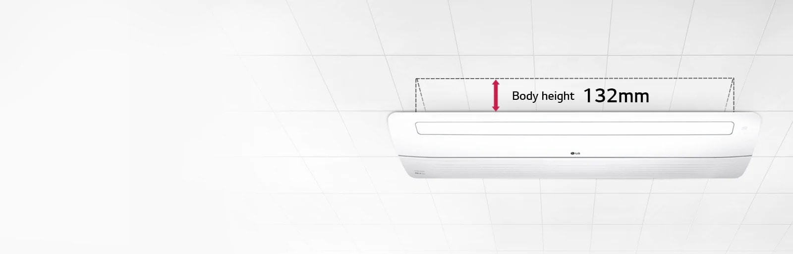 The LG One Way Ceiling Cassette is shown on the right half, with a dotted line and a red arrow marking the unit's body height of 132mm.