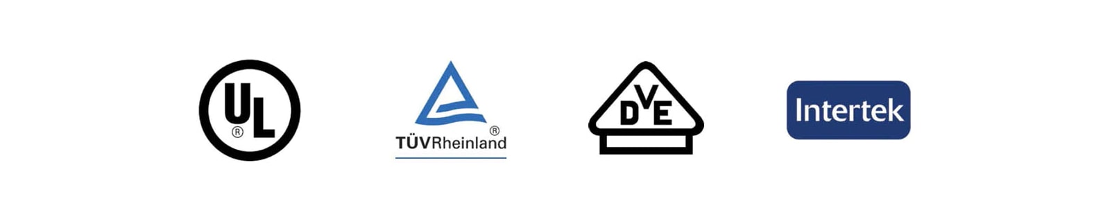 Có bốn biểu trưng chứng nhận-UL, TUV Rheineland, DVE và Intertek.