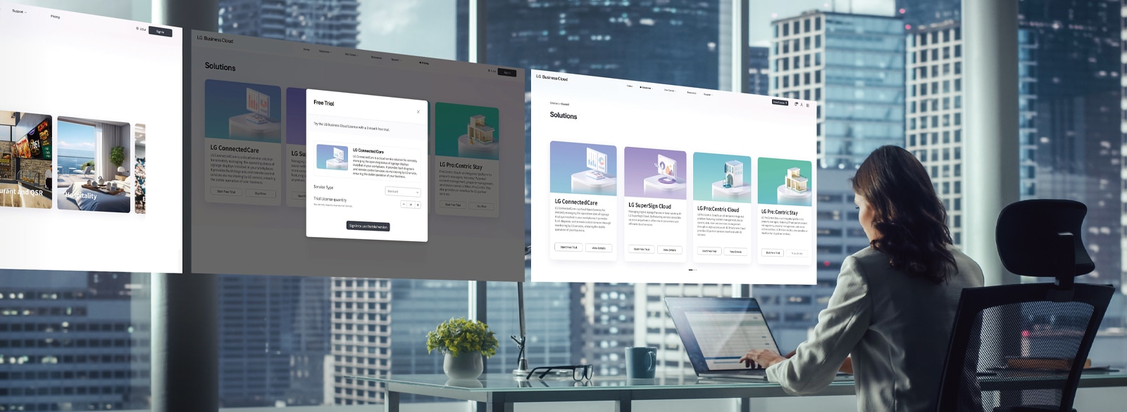 This image captures a scene of an administrator managing a solution on a laptop, with various solution site pages appearing above.