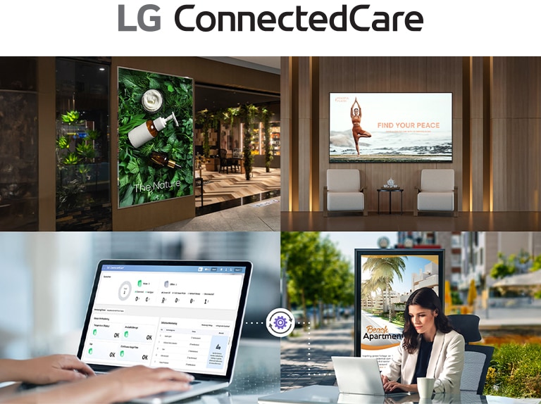 This is an example image featuring an administrator monitoring and managing indoor and outdoor digital signage using the LG ConnectedCare solution.