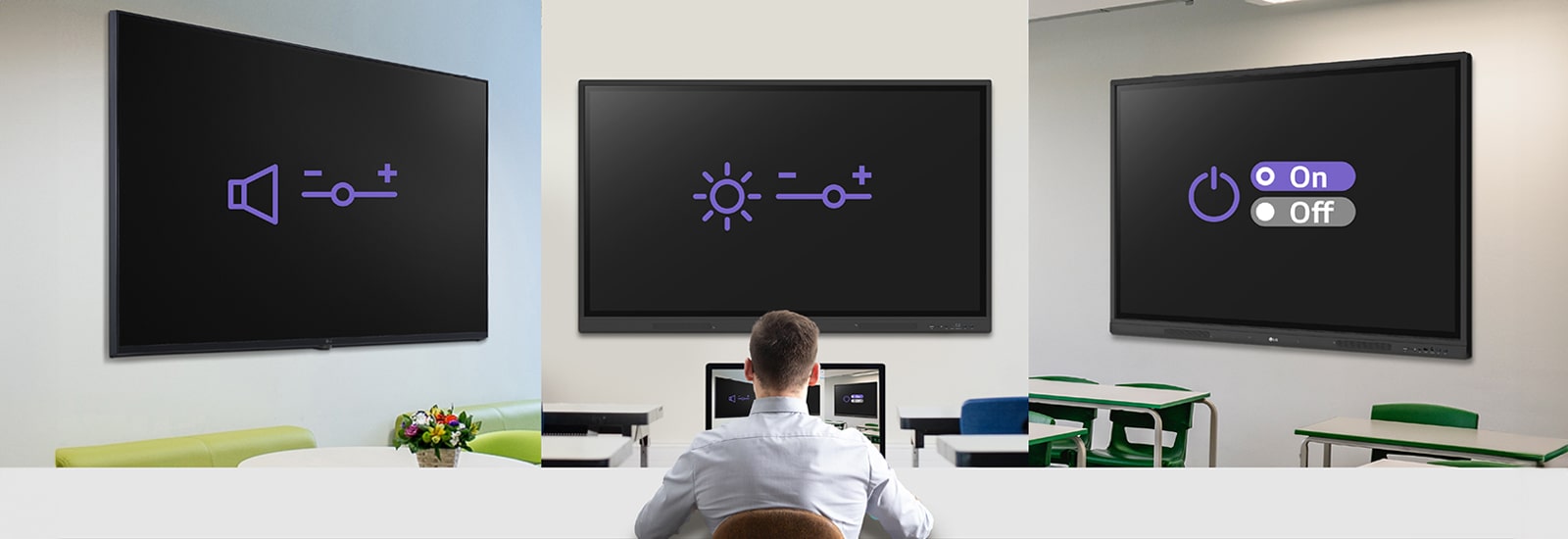A sample image showcases an administrator simultaneously managing multiple digital signage through the LG ConnectedCare solution.