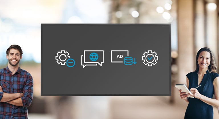 This image features a man and a woman standing next to a monitor displaying LG DOOH Ads' Programmatic Ads options, highlighted by simple icons. It indicates that users can set preferences such as content filtering, language settings, bottom price settings, and content approval.
