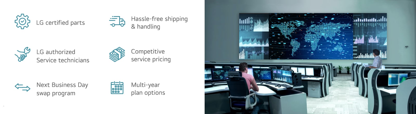 Infographic showcasing LG ExtendedCare features: certified parts, authorized technicians, hassle-free shipping, competitive pricing, next-business-day swap, and multi-year plans. Accompanied by an image of a control room with advanced data visualization screens.