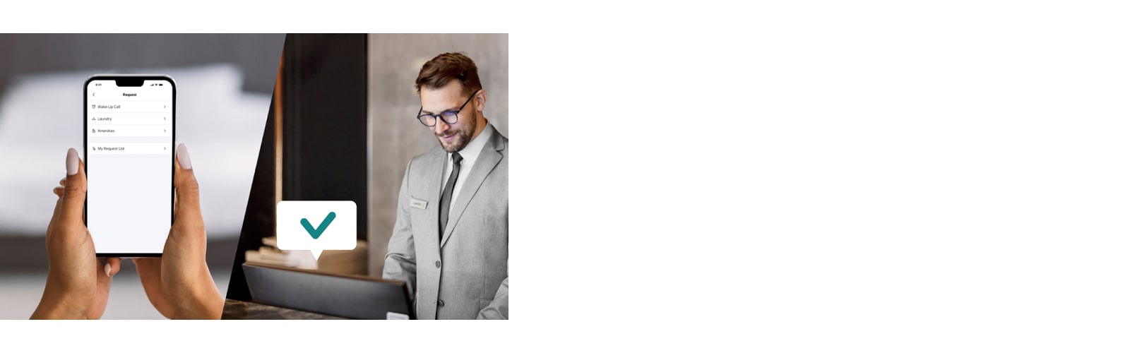 The image shows a hotel staff member using the Room Manager feature provided by LG Pro:Centric Cloud to check a guest's room service requests.