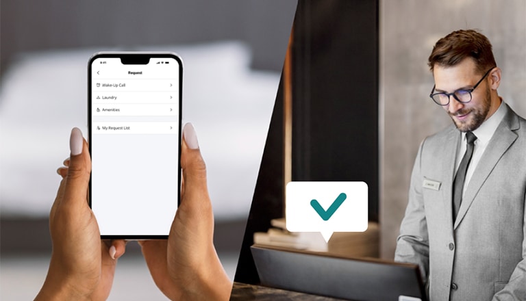 The image shows a hotel staff member using the Room Manager feature provided by LG Pro:Centric Cloud to check a guest's room service requests.