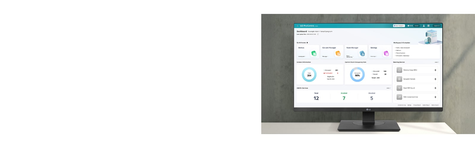 The LG Pro:Centric Cloud dashboard is displayed on the PC screen.