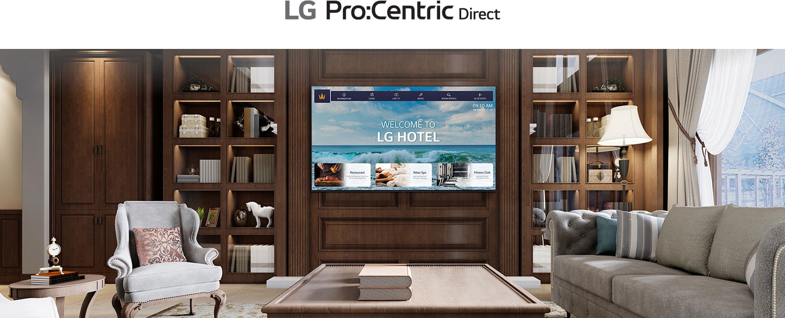 A luxury hotel room features a central TV equipped with LG Pro:Centric, displaying a welcoming message to guests.