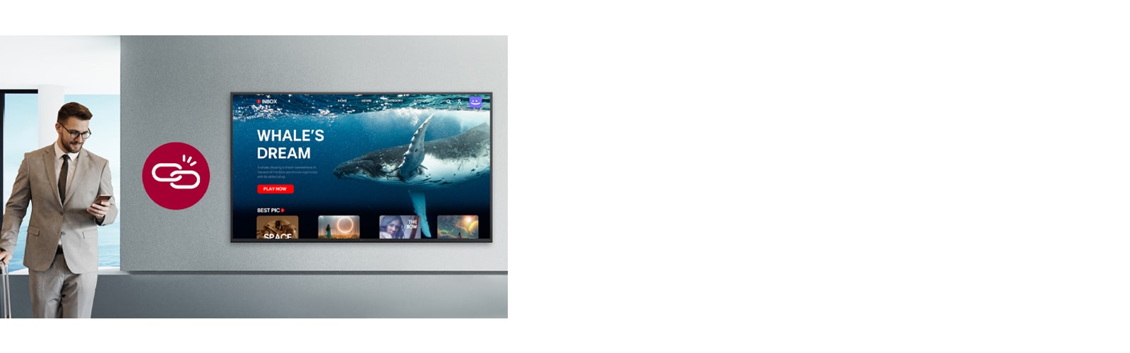 A man is checking out while OTT content is playing on the hotel room TV. The image illustrates a scenario related to the local PMS feature that supports automatic logout upon checkout.