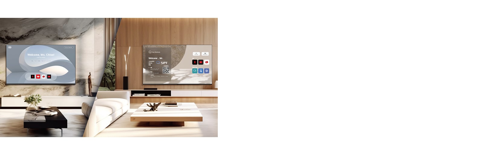 This image contrasts two room views from different accommodations, each with welcome messages on their respective TVs.