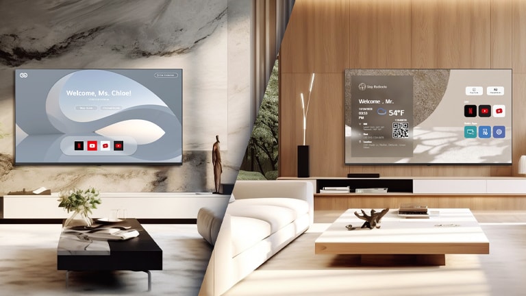 This image contrasts two room views from different accommodations, each with welcome messages on their respective TVs.