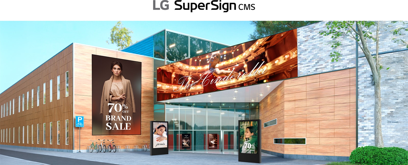 It displays a virtual space where various types of signage, such as large LED displays, window-facing displays, and open-frame displays, are being used.