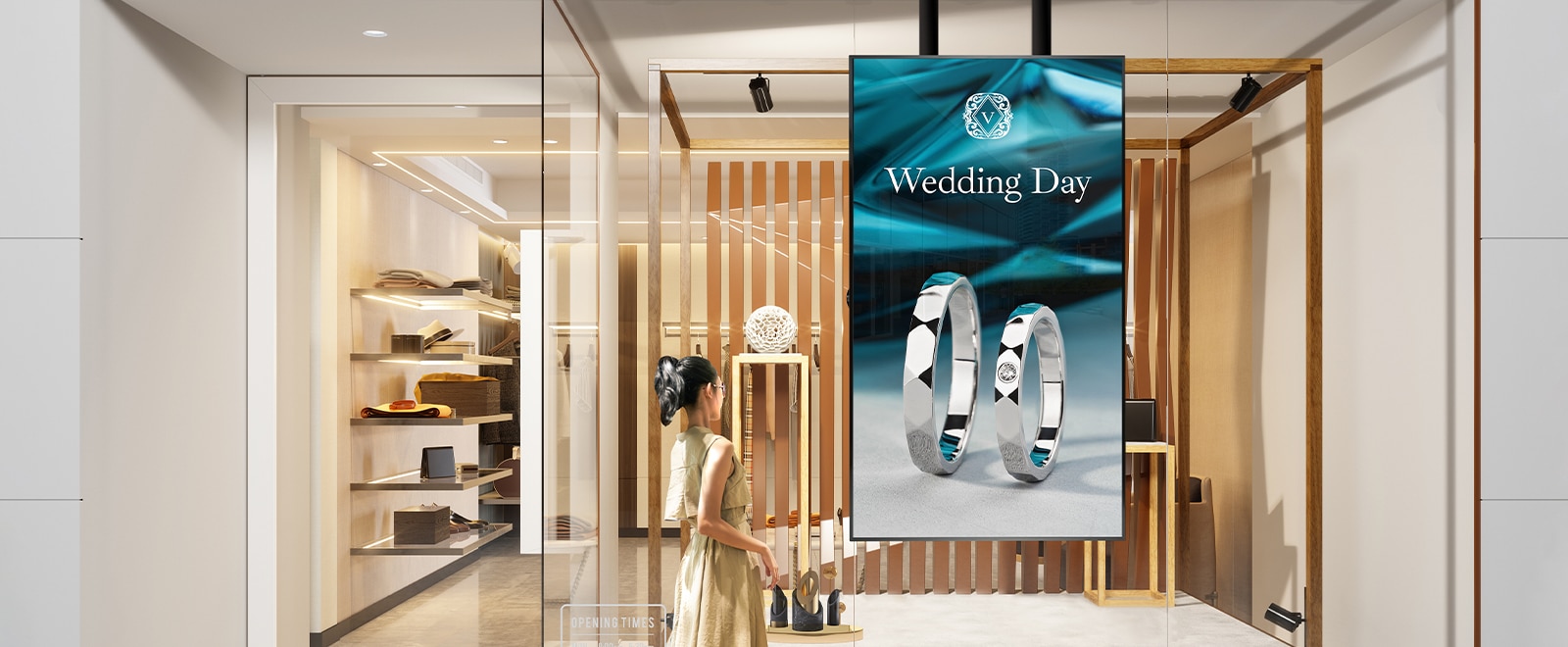A department store with a signage display showing content distributed via LG SuperSign CMS.