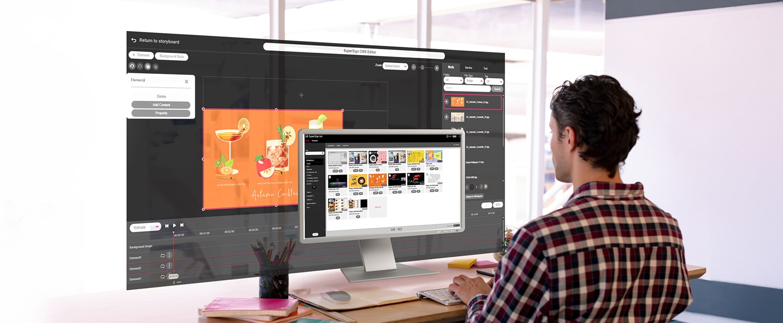 A man is creating content for the signage. The monitor screen displays a list of the generated content, while a simulated editor interface is shown in the background on a larger screen. Both screens reflect actual UI views accessible within the solution.