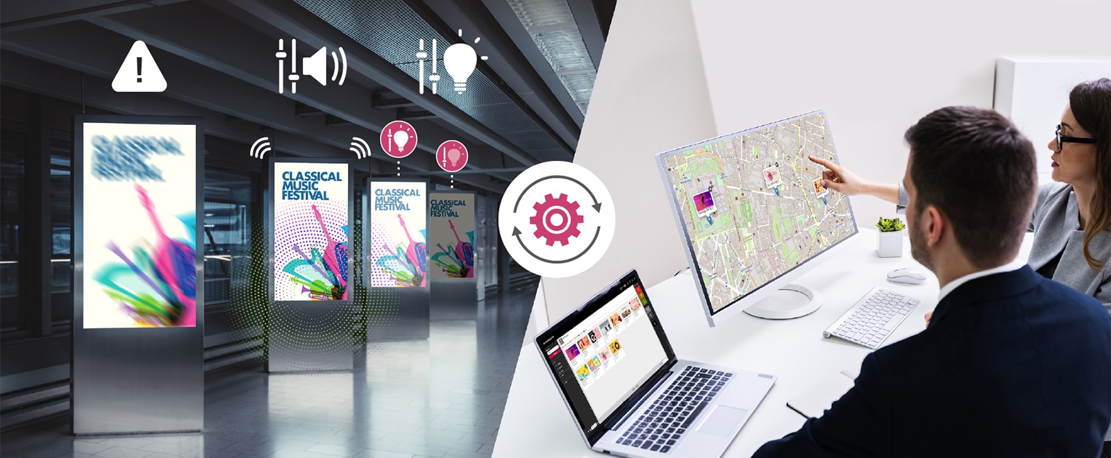 This image illustrates changing the settings of installed signage. The left image shows the ability to detect screen errors, adjust volume, and control brightness. The right image showcases how administrators can remotely manage signage without the need for on-site visits when issues arise.