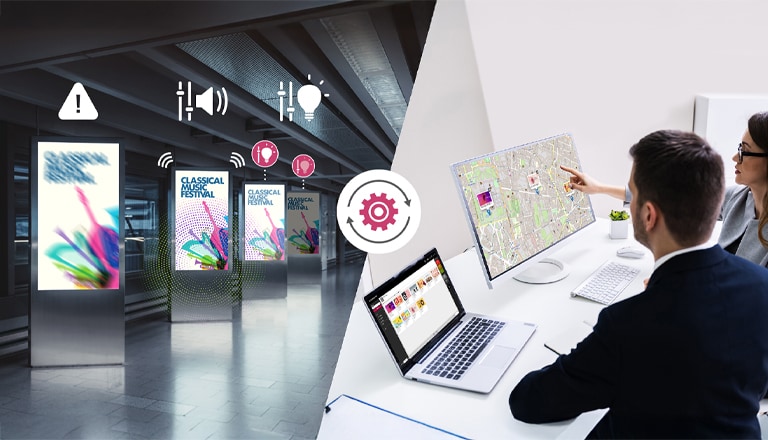 This image illustrates changing the settings of installed signage. The left image shows the ability to detect screen errors, adjust volume, and control brightness. The right image showcases how administrators can remotely manage signage without the need for on-site visits when issues arise.