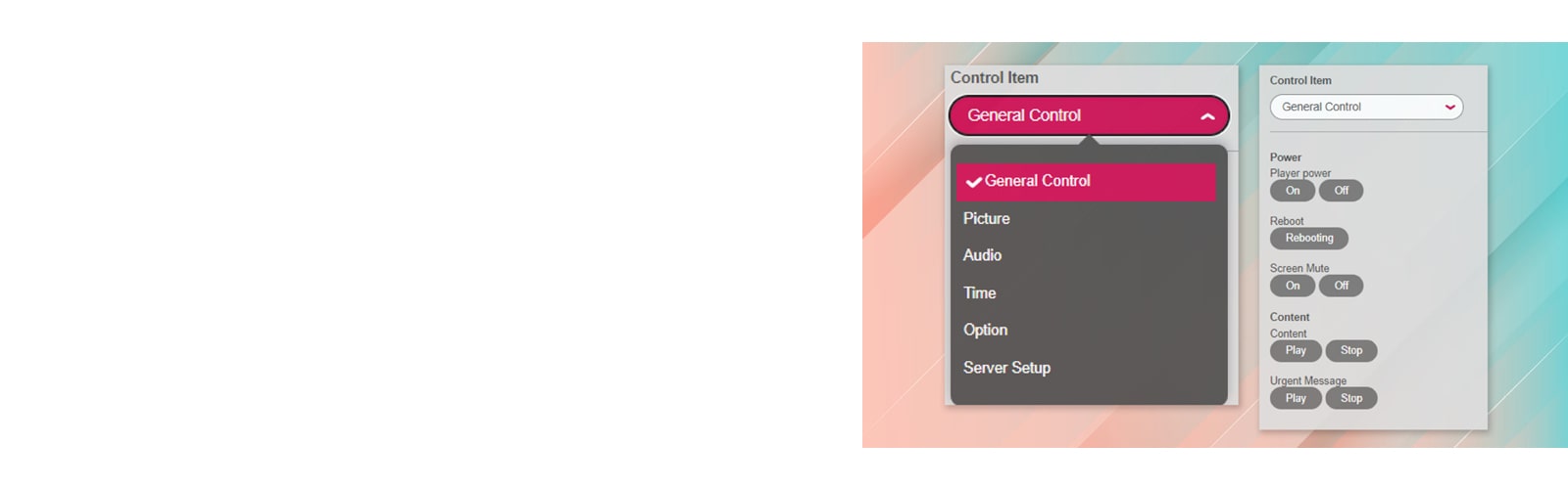 The image shows an example of device control using LG SuperSign CMS.