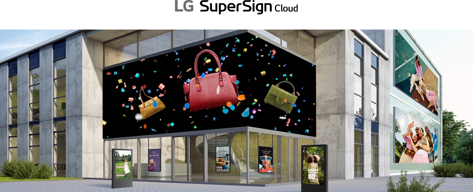 This image provides an example of how LG SuperSign Cloud distributes content across multiple outdoor digital signages.