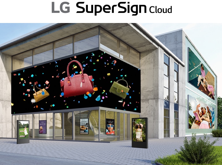 This image provides an example of how LG SuperSign Cloud distributes content across multiple outdoor digital signages.