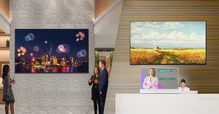 This scene shows art content being displayed on digital signages located in a company’s lobby and hallway areas.