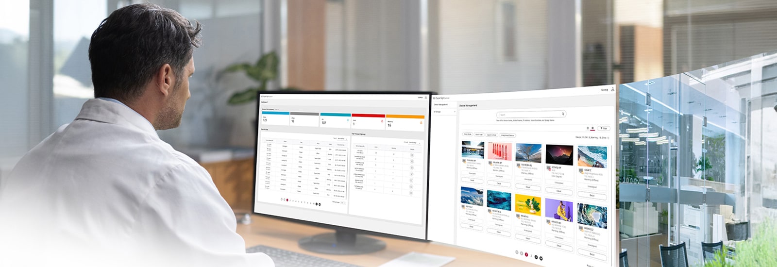 An IT administrator is monitoring devices while viewing the dashboard and equipment management screen of the LG SuperSign Control+ solution.
