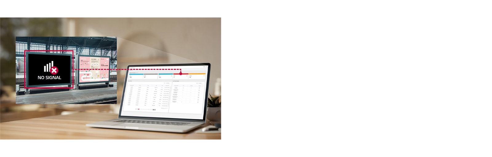The LG SuperSign Control+ dashboard image is displayed on a laptop screen, showing signage error statuses visible on the left and allowing for remote checks directly from the dashboard.