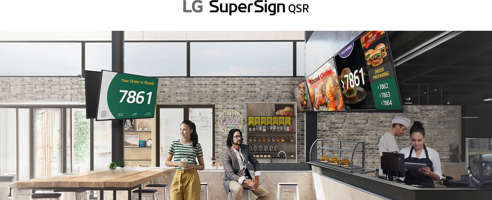 The fast-food restaurant features various types and sizes of signage screens, each displaying menus, queue numbers, food photos, and more.