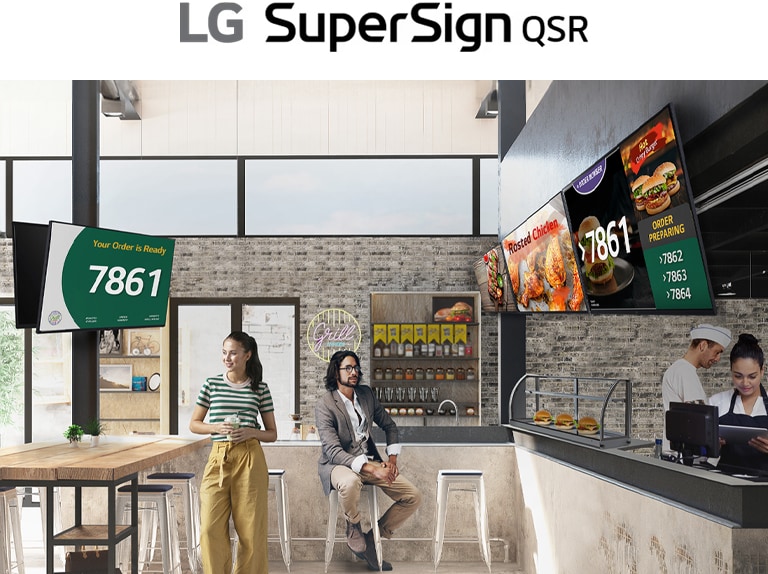 The fast-food restaurant features various types and sizes of signage screens, each displaying menus, queue numbers, food photos, and more.