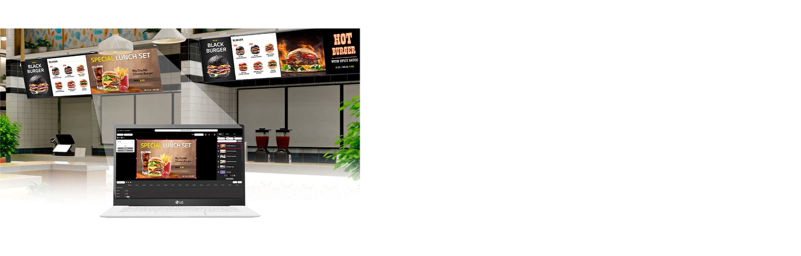 LG SuperSign QSR is utilized to create and distribute content for the fast-food restaurant's menu boards via PC.