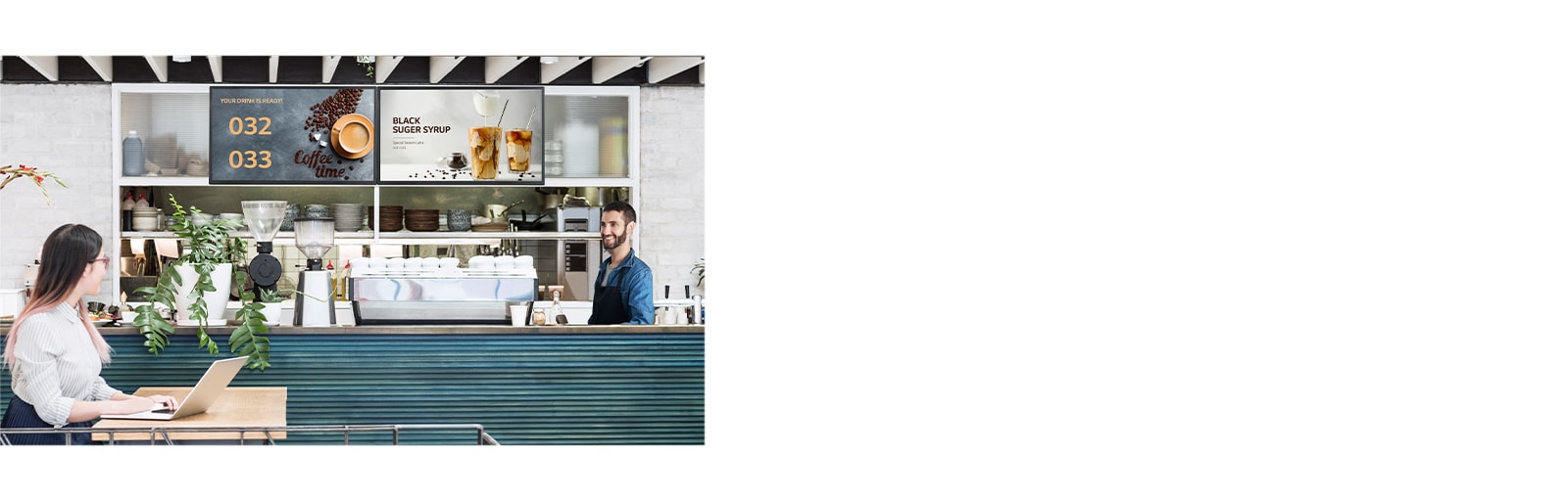 The café's queue display shows completed food numbers, with a customer checking the information.